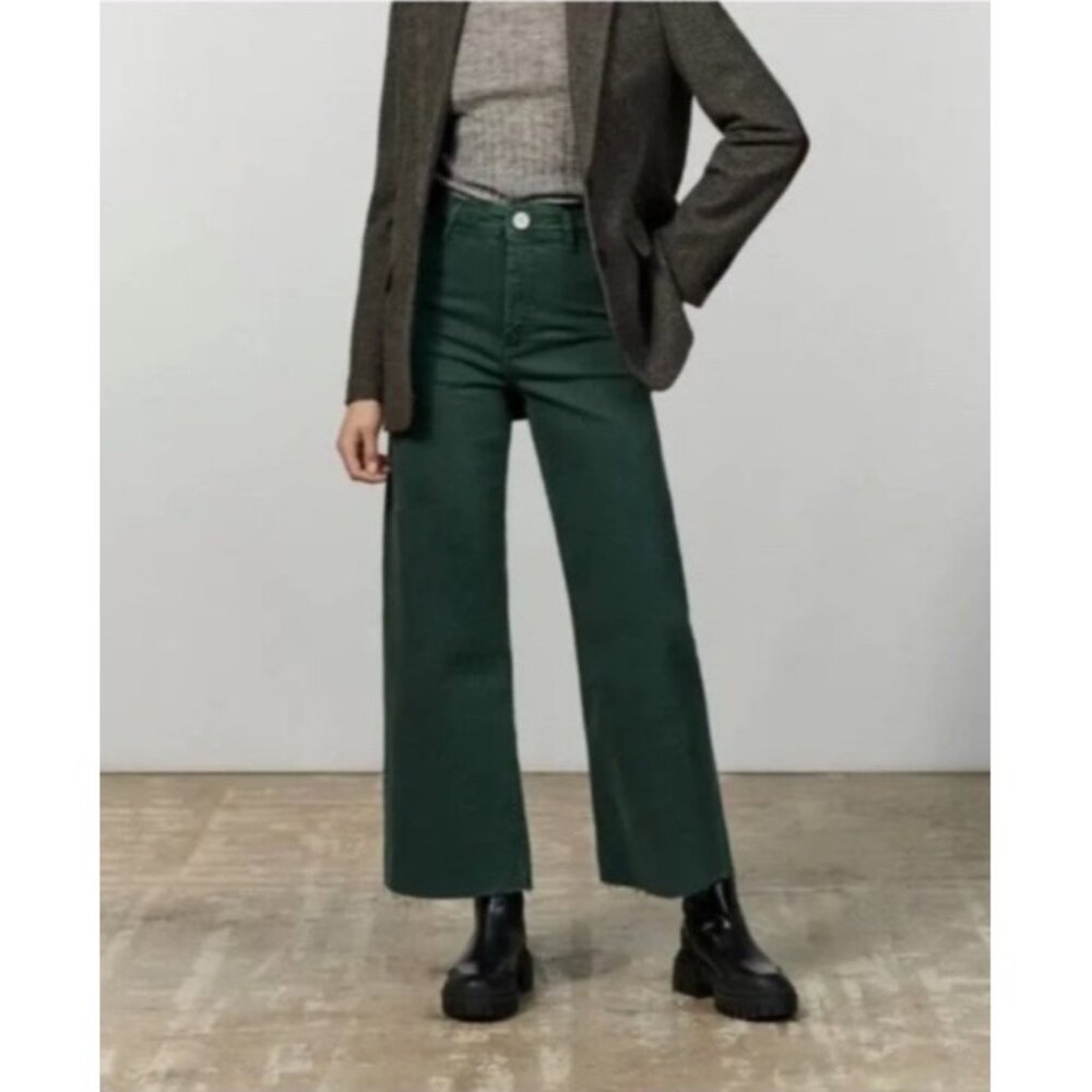 Zara The Marine Straight Pants Wide-leg High-rise Green 0 XS Raw Ham